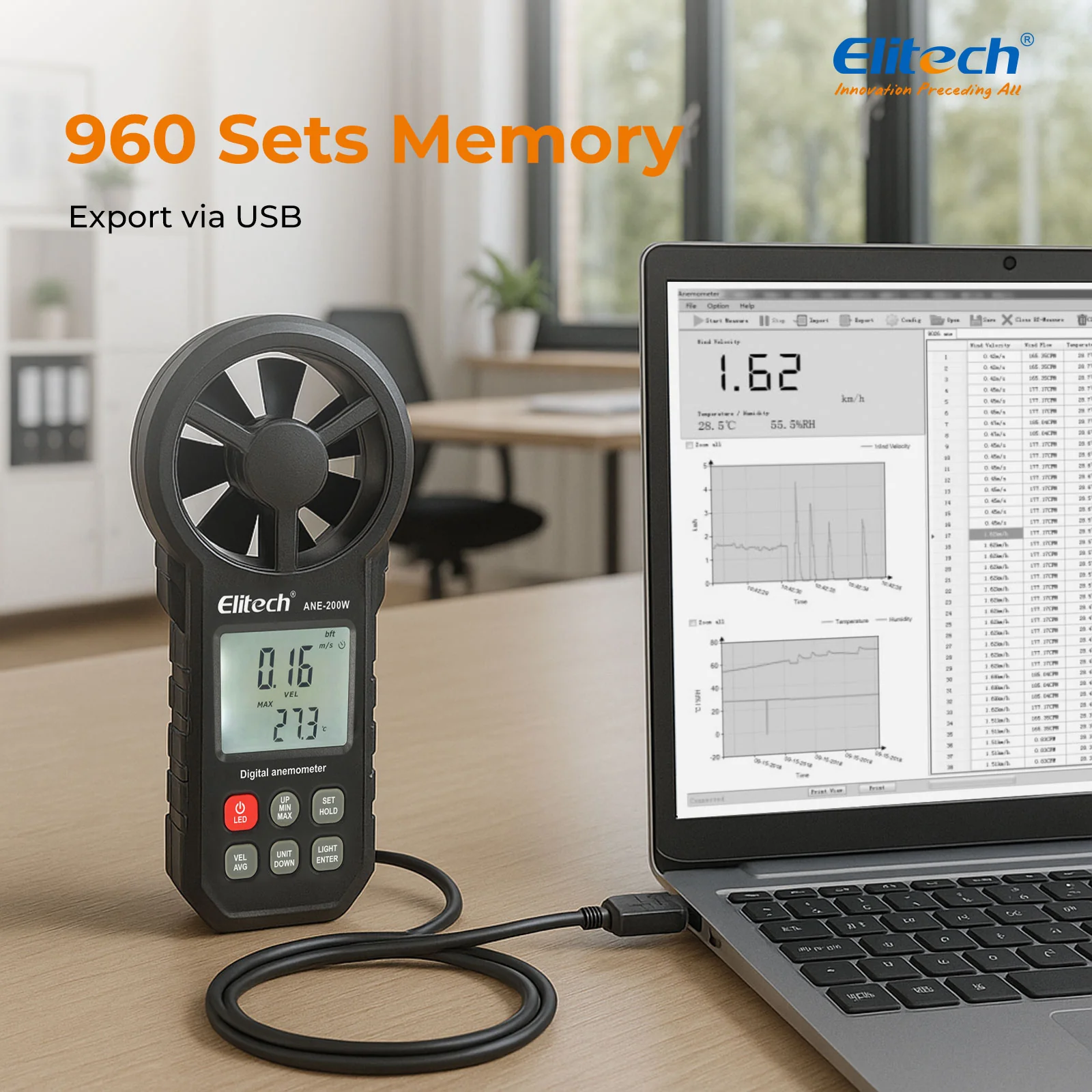 Elitech ANE-200W Bluetooth Anemometer, Digital Wind Speed Meter with Temperature and USB Data Export, CFM/CMM Air Flow Measurement, for HVAC and Environmental Testing - Image 5