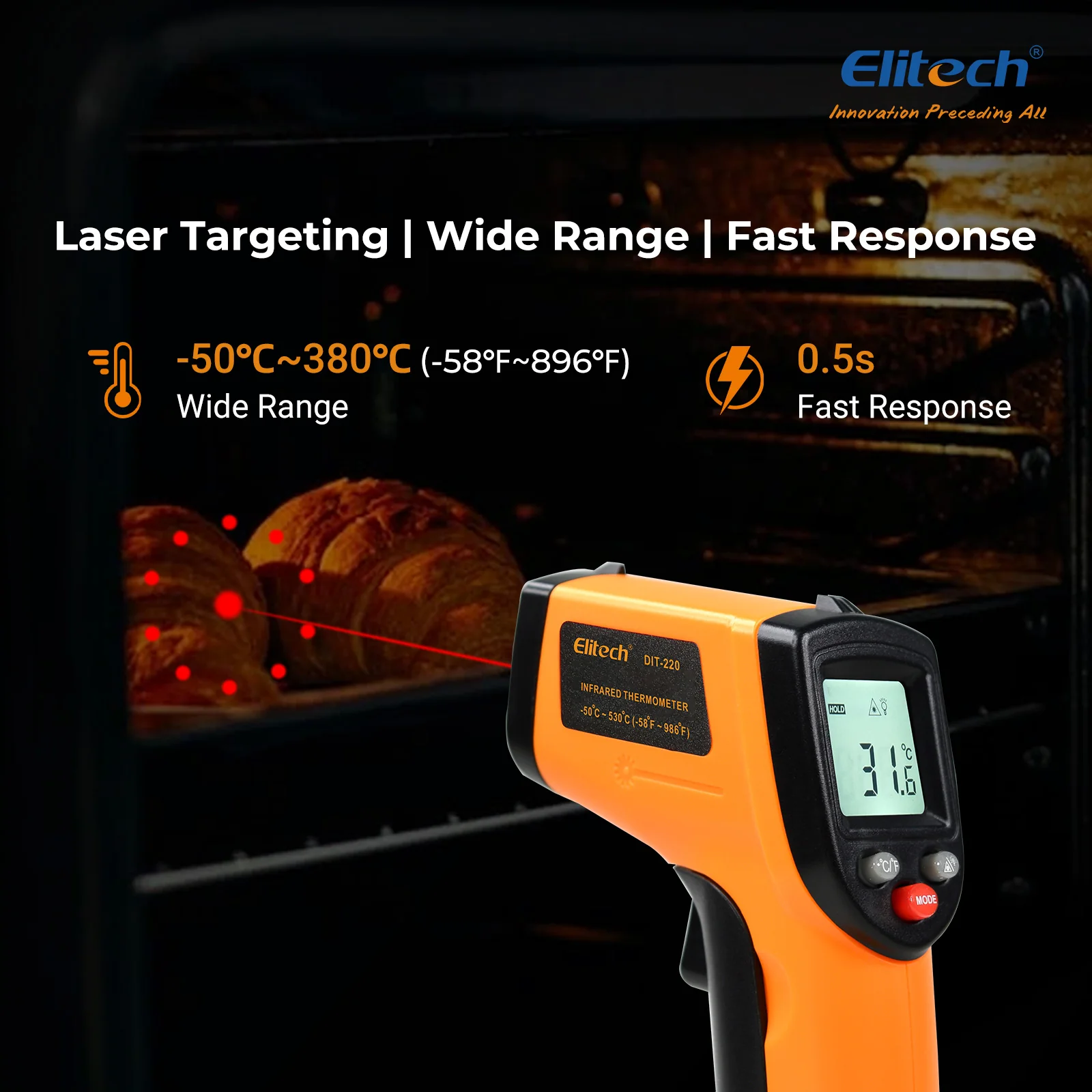 Elitech DIT-220 Infrared Thermometer – High-Precision, Non-Contact Temperature Gun with Laser Targeting, Adjustable Emissivity, and Self-Calibration - Image 3
