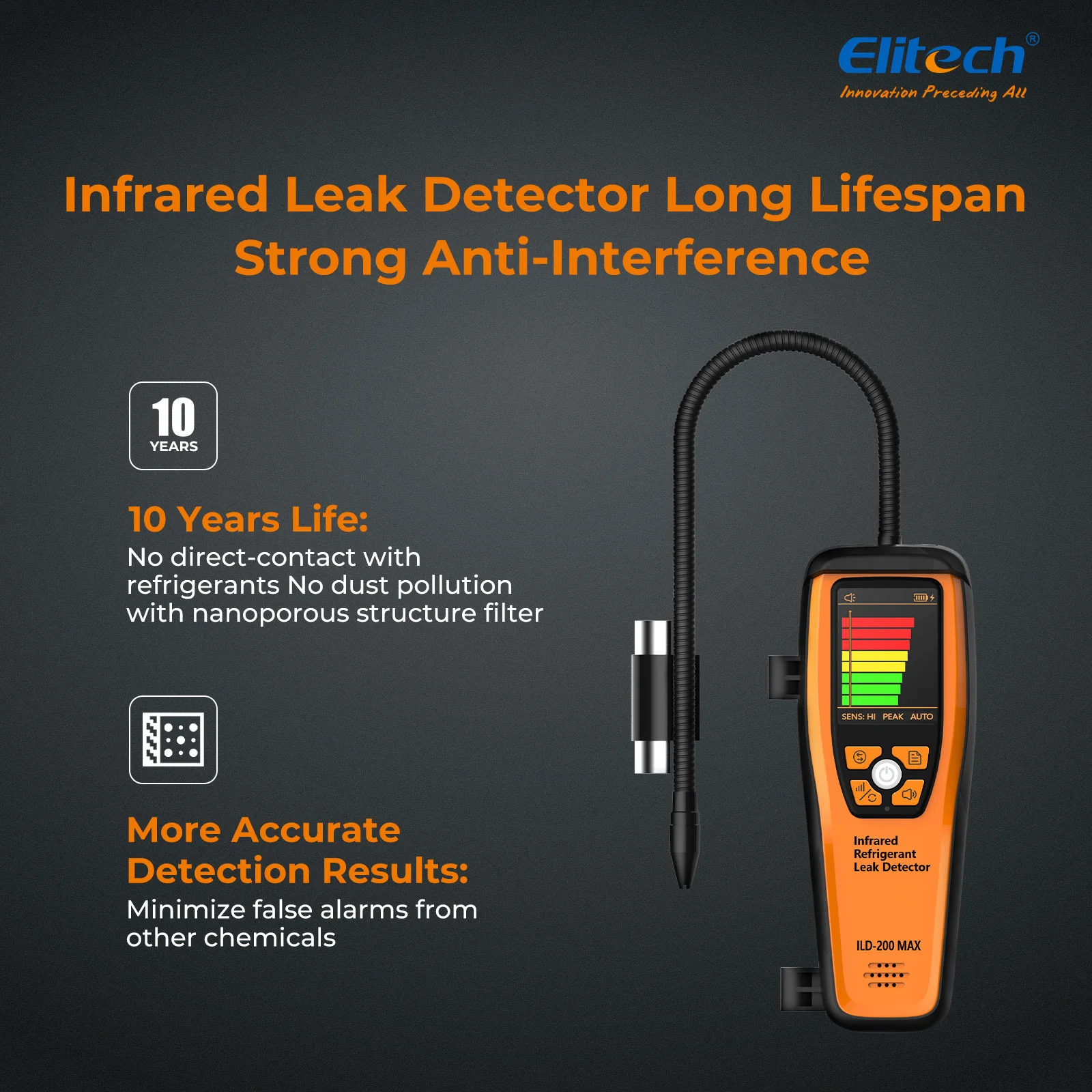 Elitech  ILD-200 MAX Infrared Refrigerant Leak Detector High-Precision HVAC/R Leak Detection, 10-Year Sensor Lifetime, 1g/a Ultra-Low Detection, 4 Sensitivity Levels, Rechargeable Battery, TFT Display & Sound Alarm - Image 3