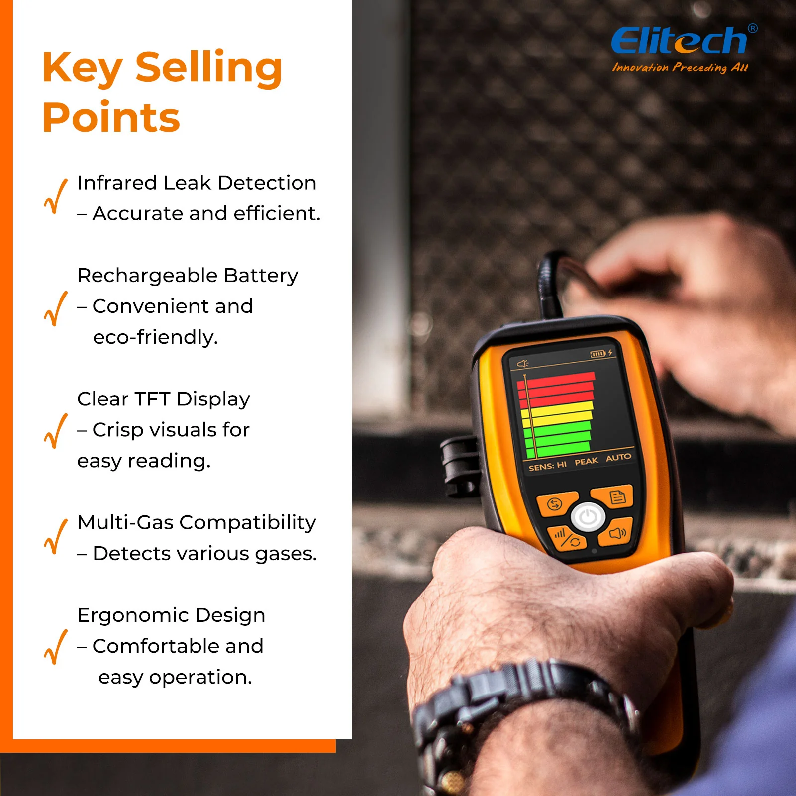 Elitech  ILD-200 MAX Infrared Refrigerant Leak Detector High-Precision HVAC/R Leak Detection, 10-Year Sensor Lifetime, 1g/a Ultra-Low Detection, 4 Sensitivity Levels, Rechargeable Battery, TFT Display & Sound Alarm - Image 5