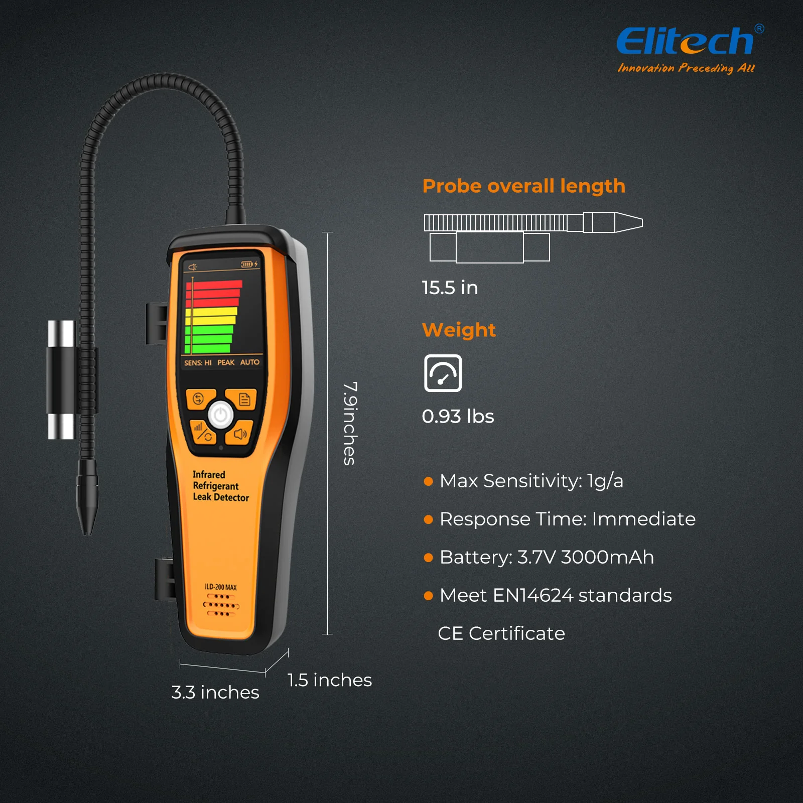 Elitech  ILD-200 MAX Infrared Refrigerant Leak Detector High-Precision HVAC/R Leak Detection, 10-Year Sensor Lifetime, 1g/a Ultra-Low Detection, 4 Sensitivity Levels, Rechargeable Battery, TFT Display & Sound Alarm - Image 6