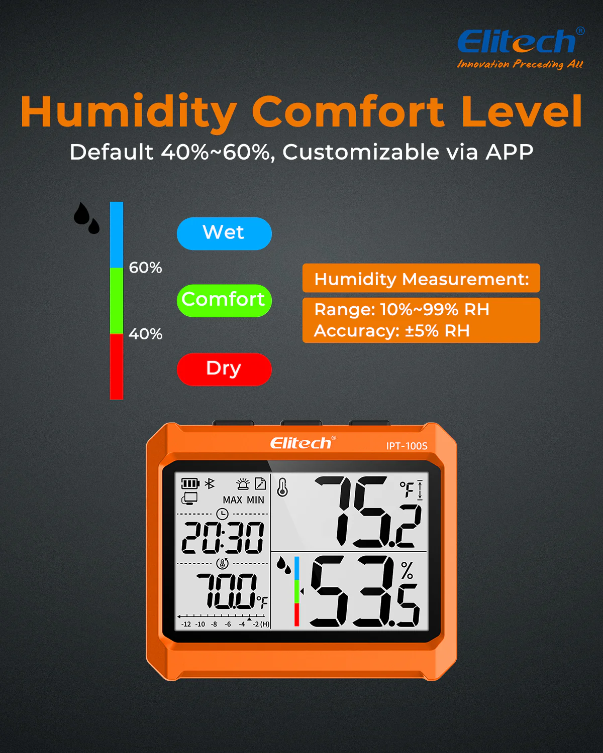 Elitech IPT-100S Digital Thermometer Hygrometer, Refrigerator Thermometer with External Temperature Probe, Free Data Storage Export, 5000 Points - Image 3