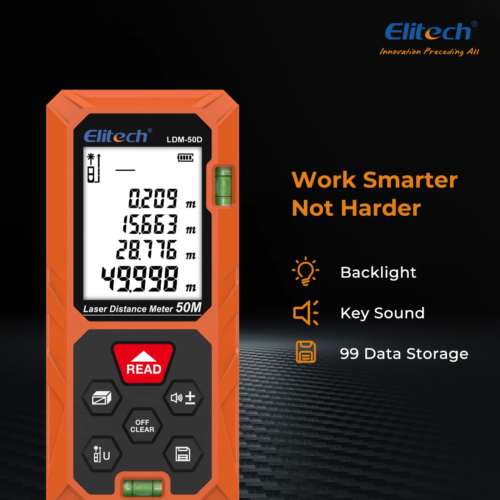 Elitech LDM-50D Laser Distance Meter 165ft, Digital Measure Tool with Area/Volume/Pythagoras Mode, Backlit LCD, 99 Data Records, ±2mm Accuracy, Ft/In/M Unit Switch, Ideal for Home DIY & Interior Design - Image 4