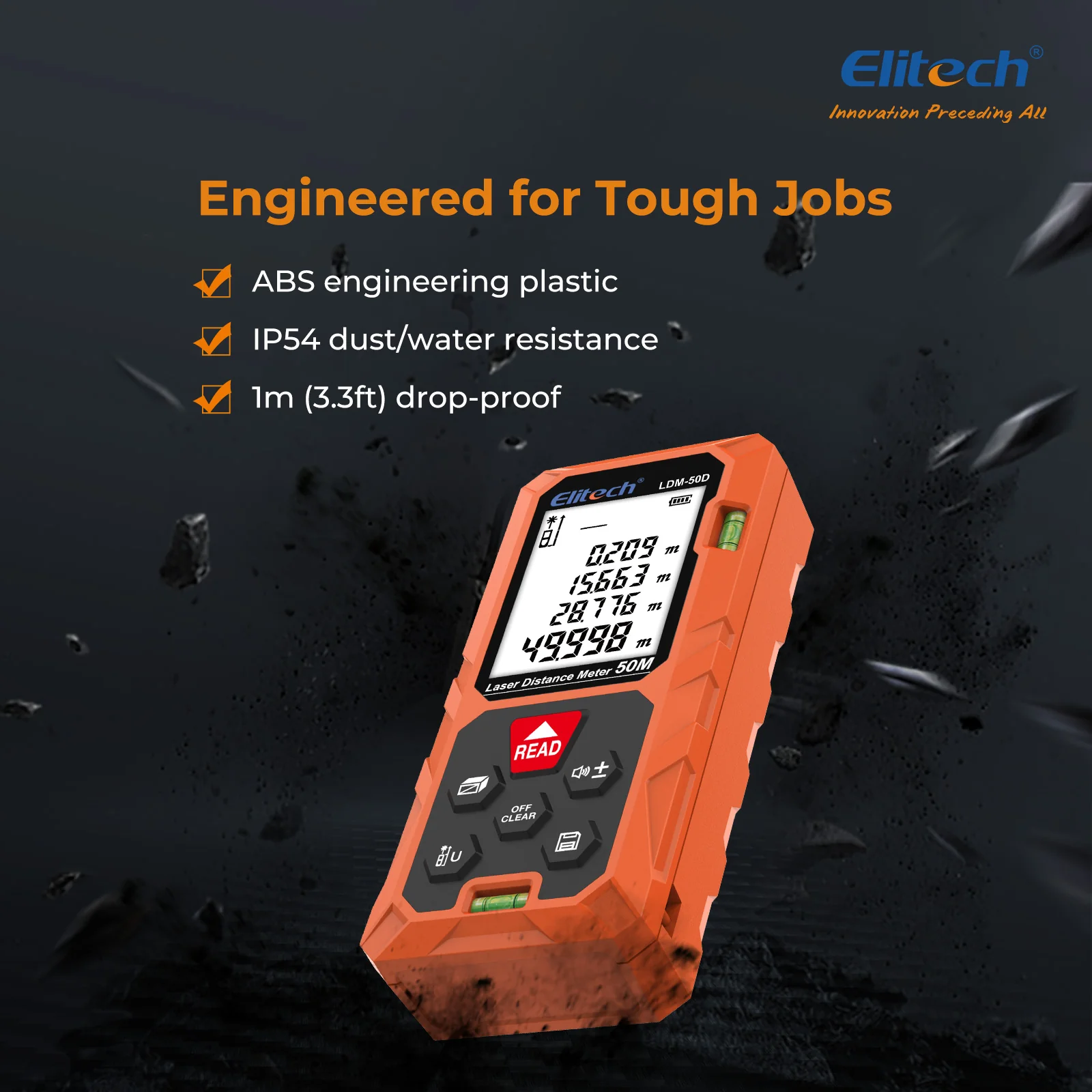 Elitech LDM-50D Laser Distance Meter 165ft, Digital Measure Tool with Area/Volume/Pythagoras Mode, Backlit LCD, 99 Data Records, ±2mm Accuracy, Ft/In/M Unit Switch, Ideal for Home DIY & Interior Design - Image 5