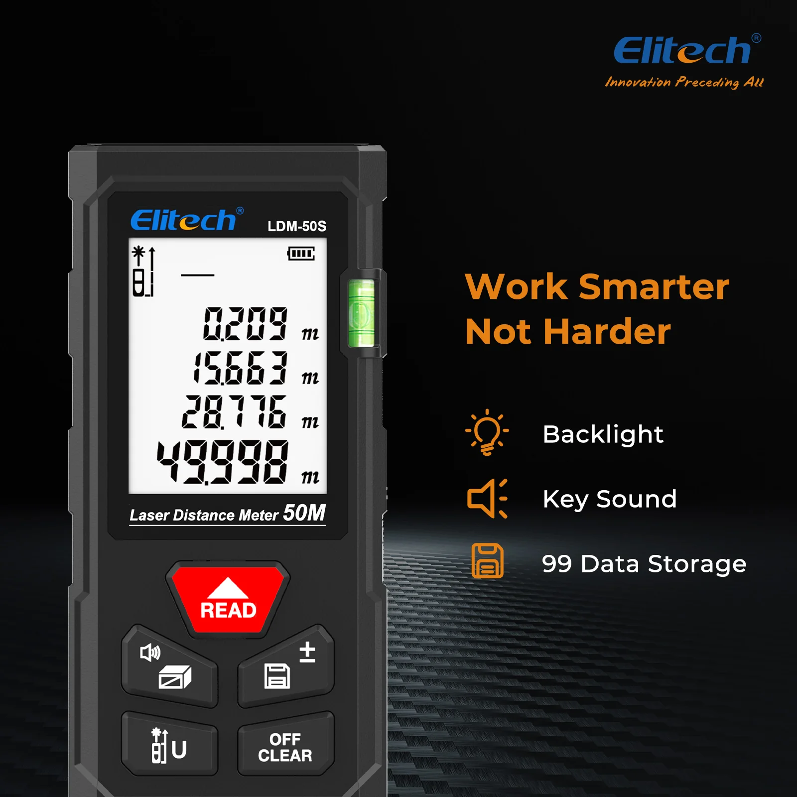 Elitech  LDM-50S Laser Distance Meter, 165ft Digital Measure Tool ±2mm Accuracy, Area/Volume/Pythagoras Modes, Backlit LCD, 99 Records, Unit Switch – for Home & DIY - Image 4