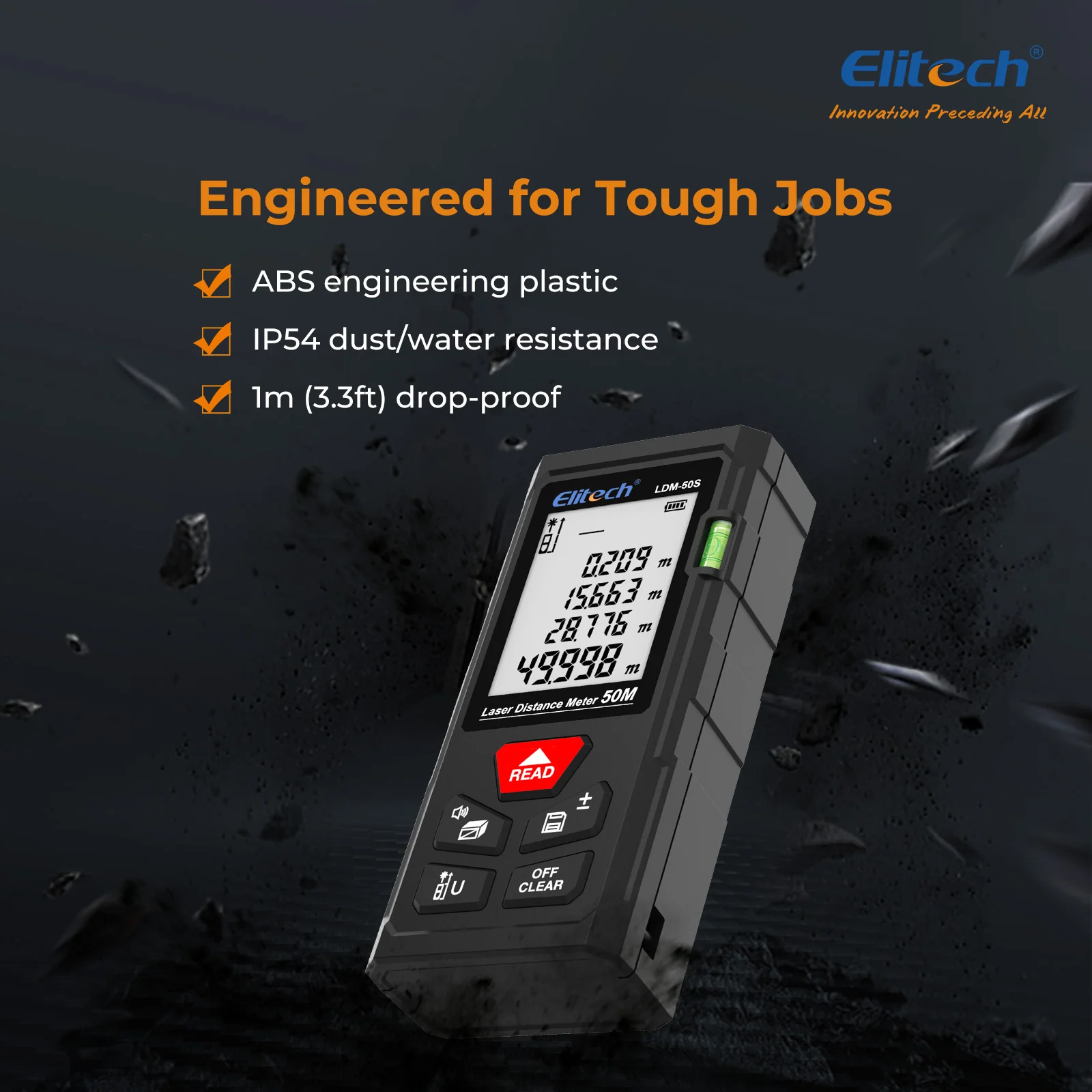 Elitech  LDM-50S Laser Distance Meter, 165ft Digital Measure Tool ±2mm Accuracy, Area/Volume/Pythagoras Modes, Backlit LCD, 99 Records, Unit Switch – for Home & DIY - Image 5