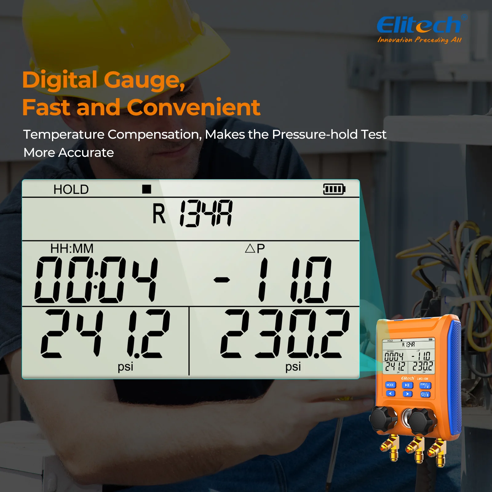 Elitech LMG-10W Refrigeration Heat Pump Digital Manifold Gauge Set 2-Way Valve AC Gauges App Control with Temperature Clamps - Image 3