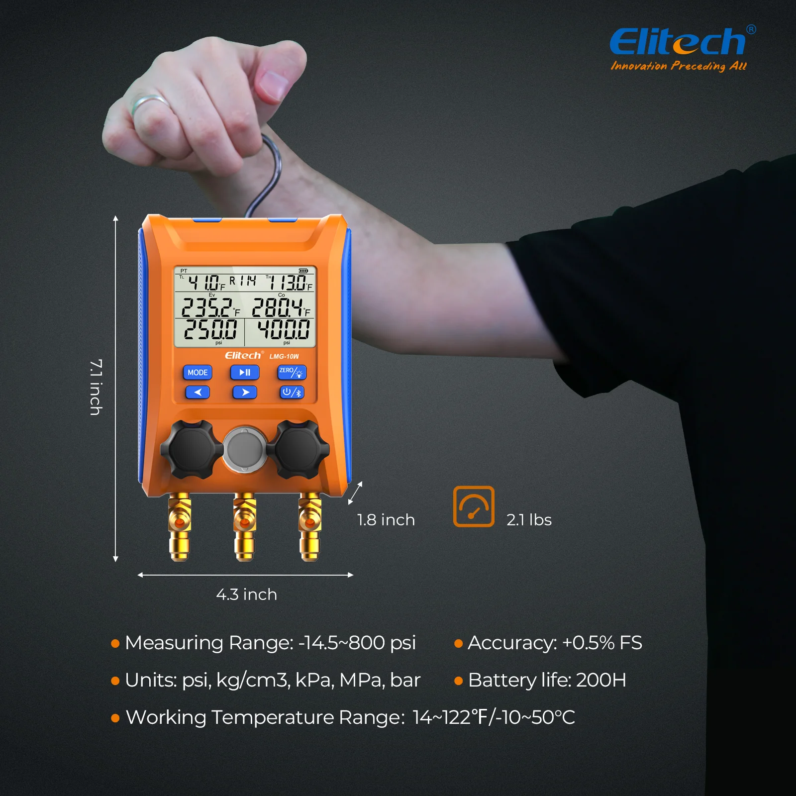 Elitech LMG-10W Refrigeration Heat Pump Digital Manifold Gauge Set 2-Way Valve AC Gauges App Control with Temperature Clamps - Image 6
