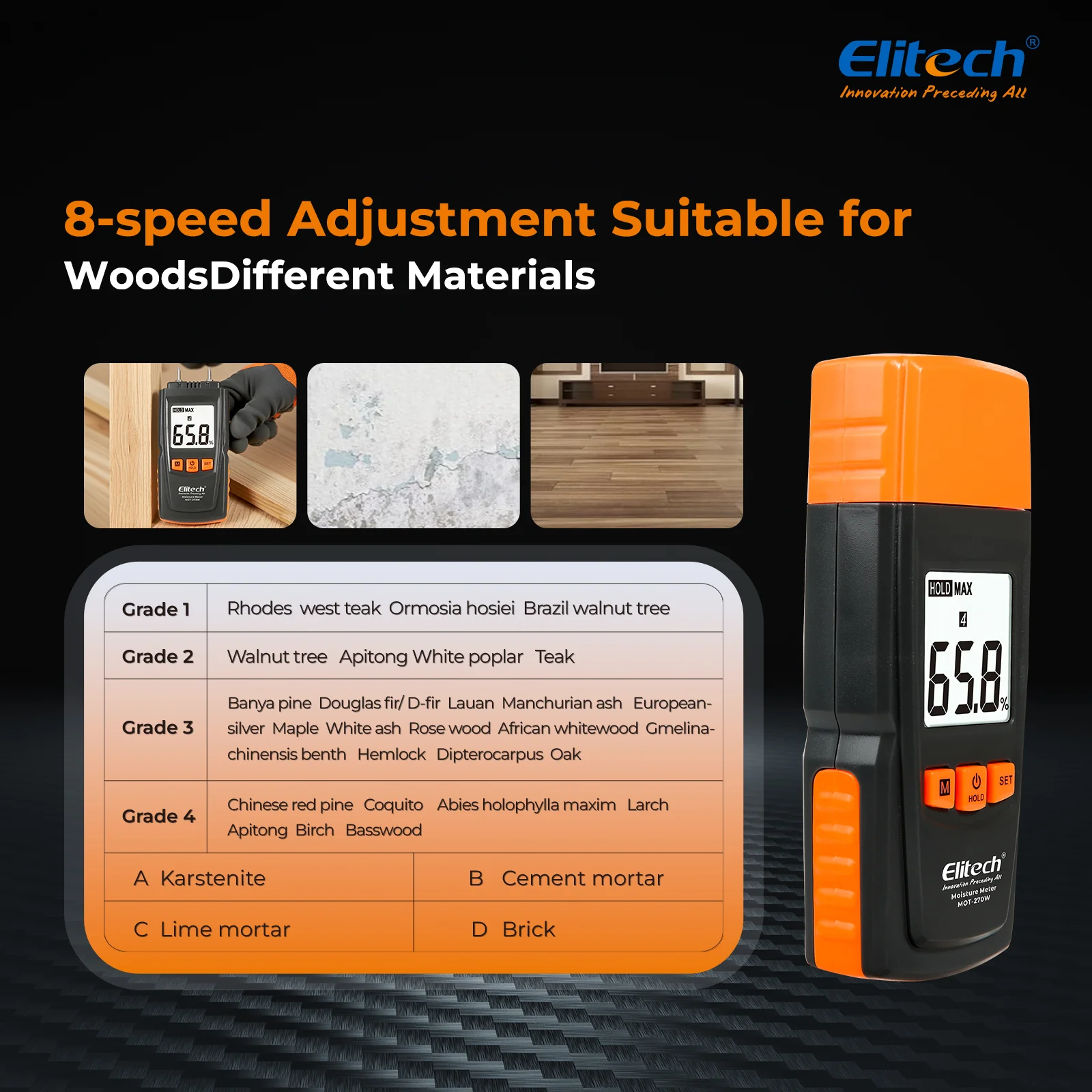 Elitech MOT-270W Digital Moisture Meter, Water Leak-Detector, Moisture Tester, Pin Type, Backlit LCD Display - Image 3