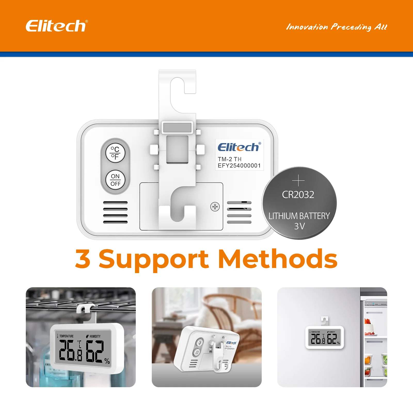 Elitech TM-2TH Fridge Thermometer Hygrometer Digital Freeze Refrigerator Thermometer Waterproof Large LCD Display - Image 5
