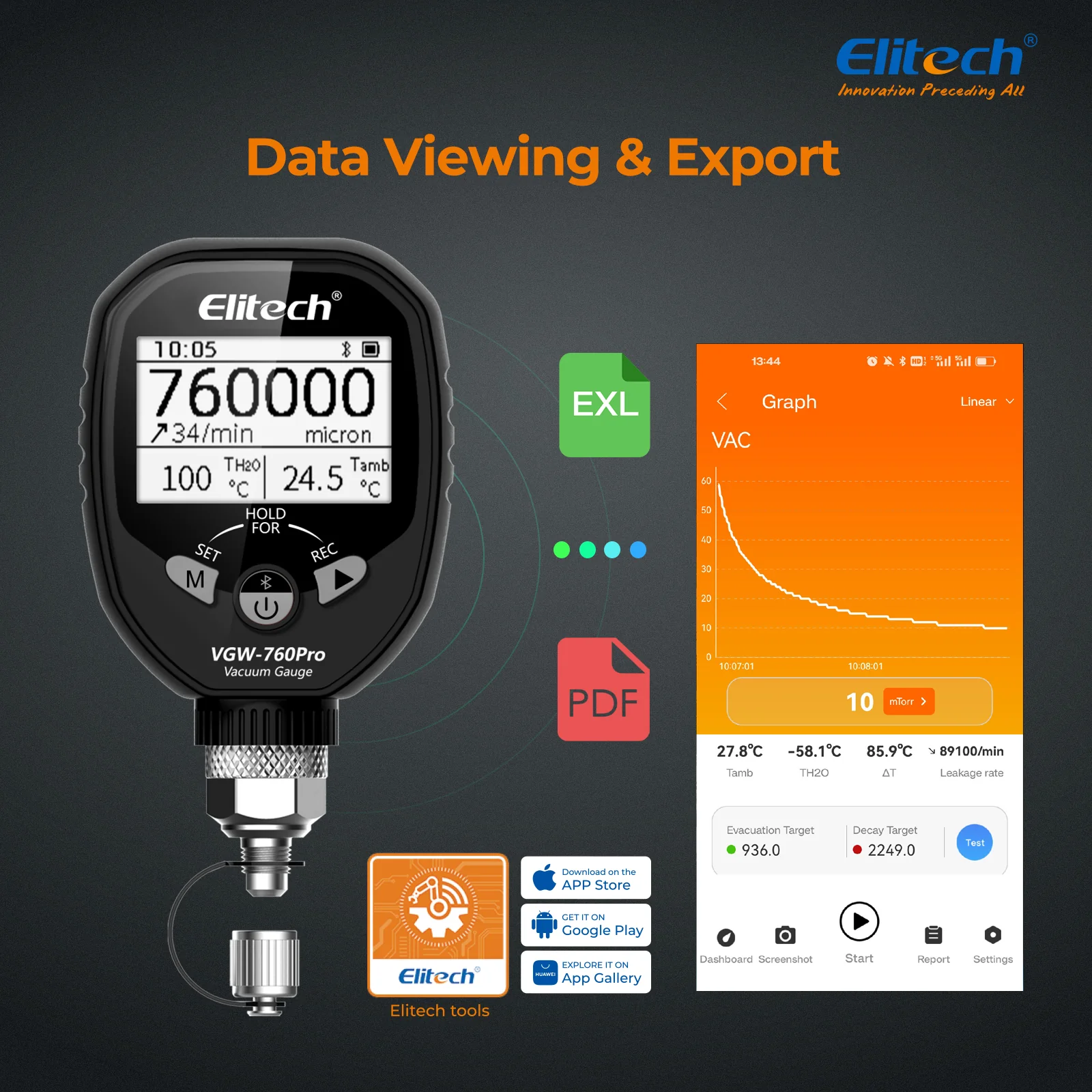 Elitech VGW-760Pro Full-Range Micron Gauge, Wireless Digital Vacuum Gauge with Adaptor Pressure Tester Meter HVAC, Alarms via APP, Offline Recording, 1/4" SAE - Image 3