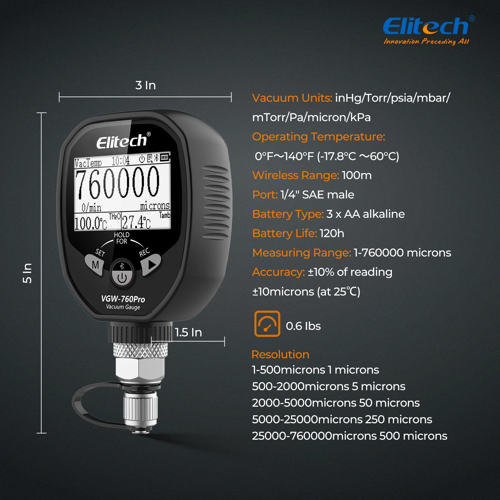 Elitech VGW-760Pro Full-Range Micron Gauge, Wireless Digital Vacuum Gauge with Adaptor Pressure Tester Meter HVAC, Alarms via APP, Offline Recording, 1/4" SAE - Image 5
