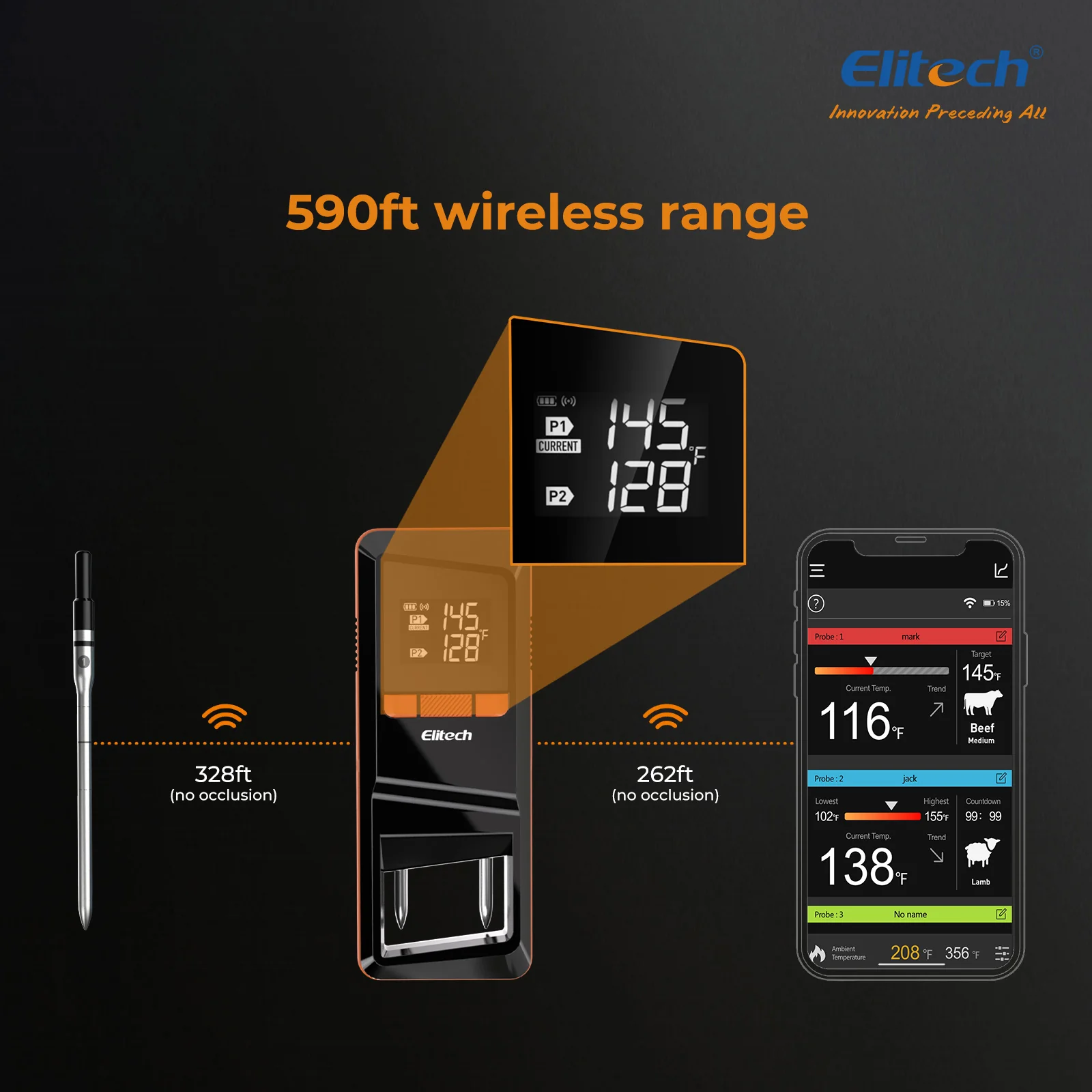 Elitech WMT-20 Wireless Smart Meat Thermometer, Dual-Probe Bluetooth Grill Thermometer with LCD Display and ToGrill App, for Oven, BBQ, Kitchen, and Outdoor Cooking - Image 6