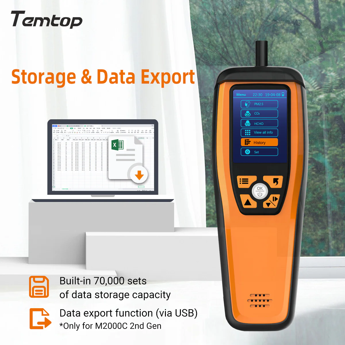 Temtop M2000C 2nd CO2 Air Quality Monitor for CO2 PM2.5 PM10 Particles Detector Temperature Humidity Display Audio Alarm Recording Curve, Data Export - Image 6