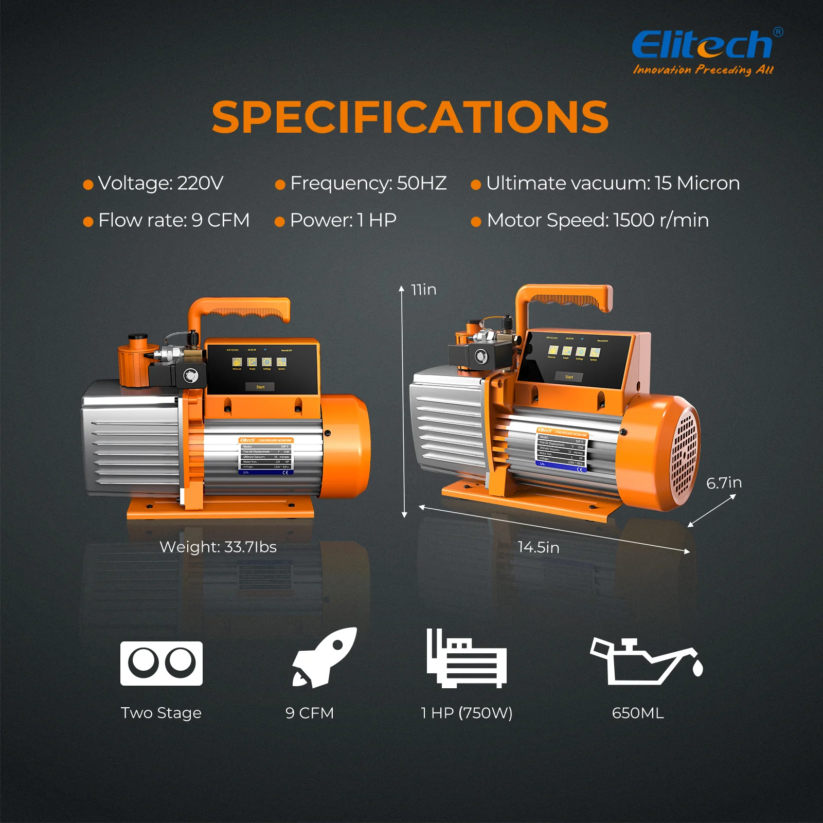 Elitech SVP-9/V900 220V Intelligent 2-Stage Vacuum Pump, 9CFM, 4L/S, APP Control, Data Logging, Smart Control, HVAC Refrigerator Heat Pump Auto Air Condition Service Tool (oil is not included) - Image 8