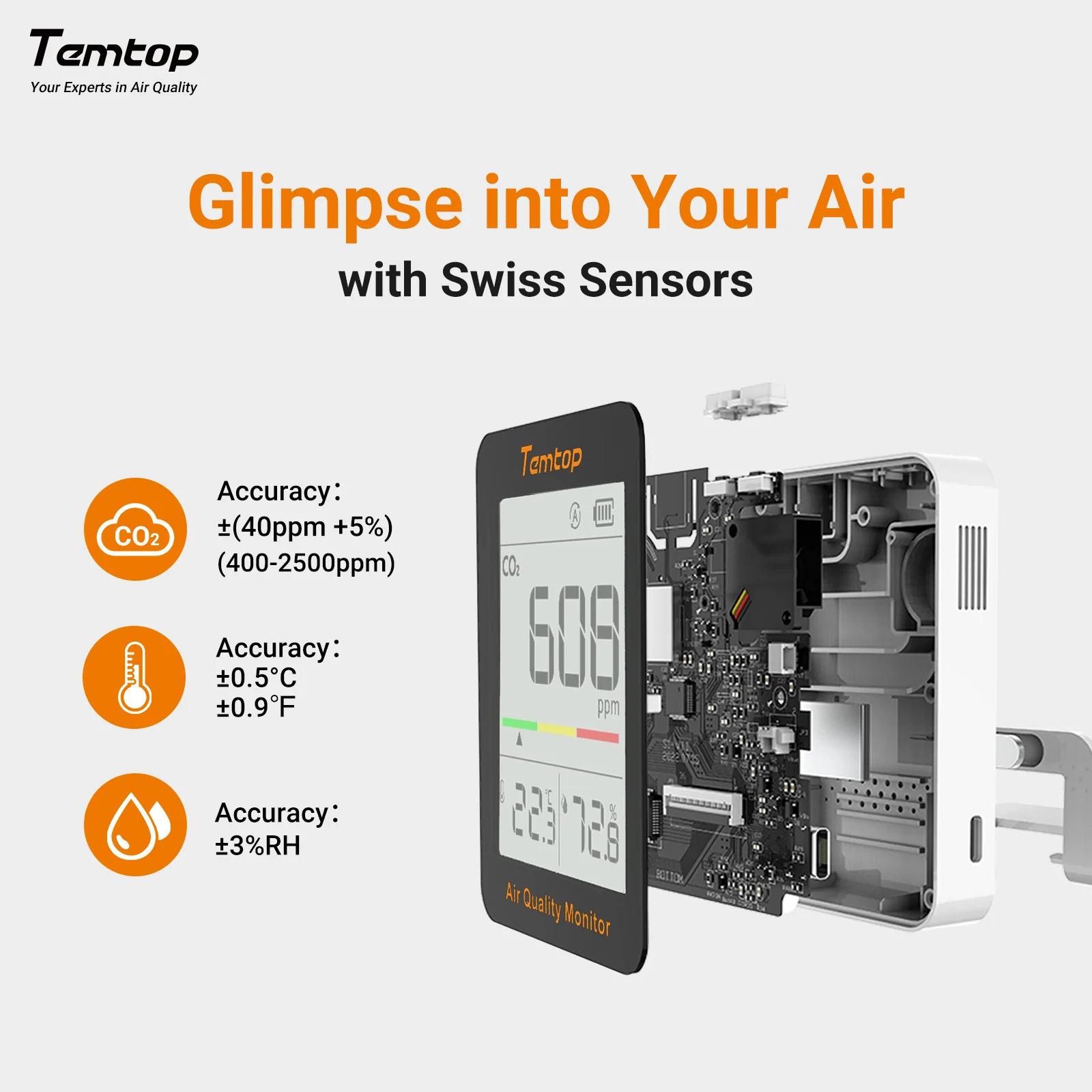 Temtop C1 CO2 Monitor Air Quality Monitor, Indoor Carbon Dioxide Detector, Tester for CO2, Temperature and Humidity - Image 3