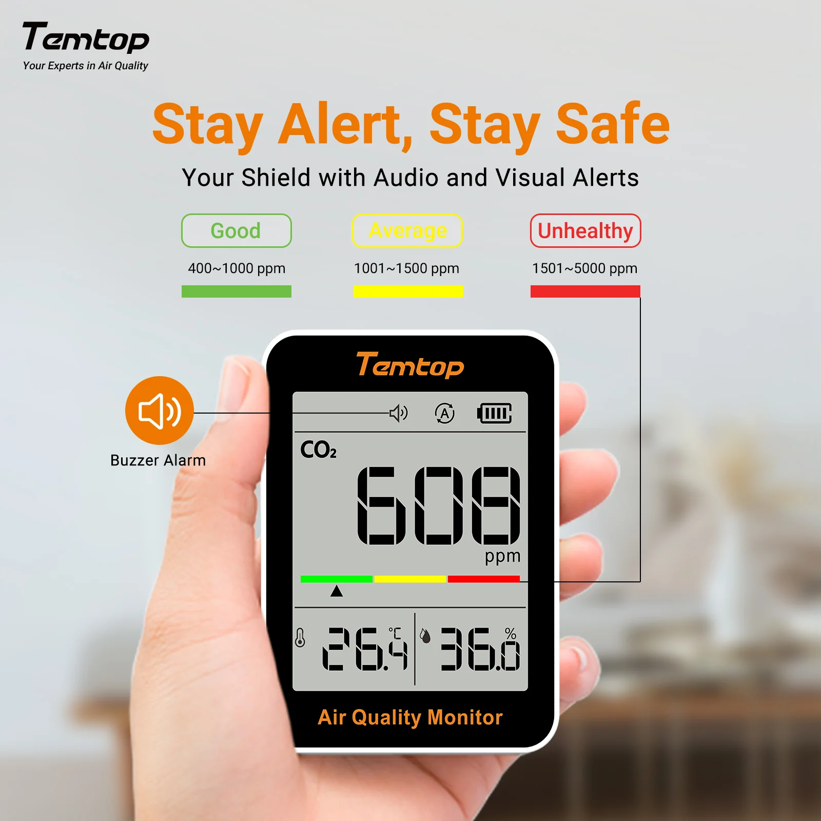 Temtop C1 CO2 Monitor Air Quality Monitor, Indoor Carbon Dioxide Detector, Tester for CO2, Temperature and Humidity - Image 5