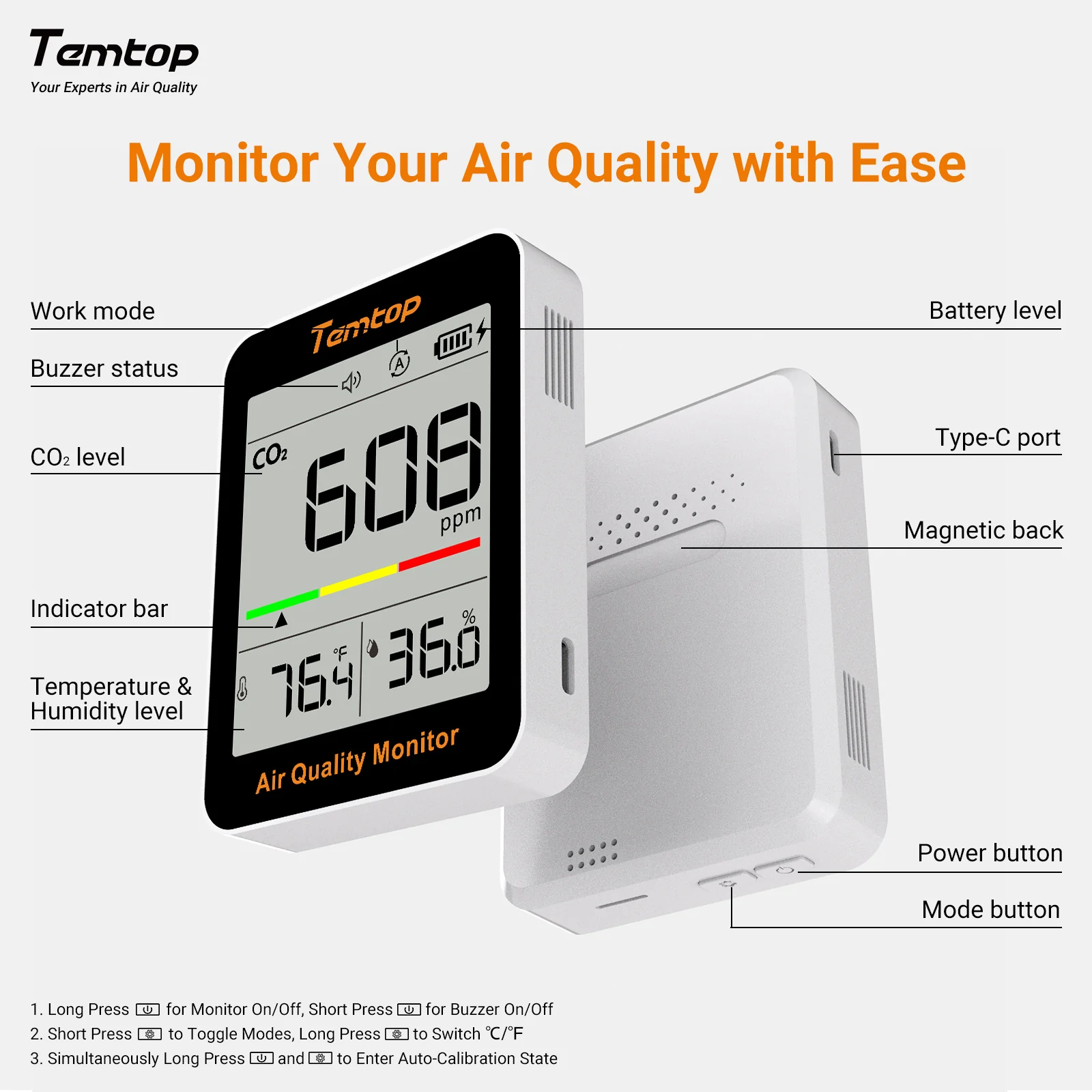 Temtop C1 CO2 Monitor Air Quality Monitor, Indoor Carbon Dioxide Detector, Tester for CO2, Temperature and Humidity - Image 6