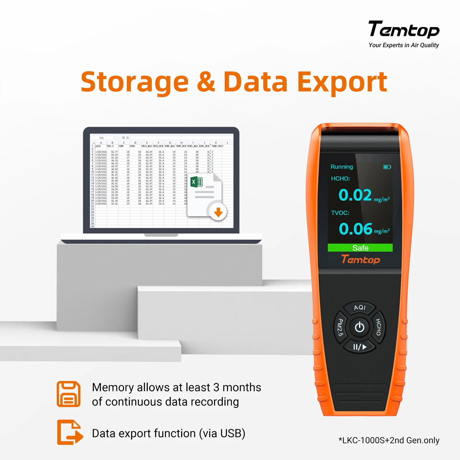 Temtop LKC-1000S+ 2nd Air Quality Monitor, Data Export PM2.5 PM10 HCHO AQI Particles VOCs Humidity and Temperature - Image 3
