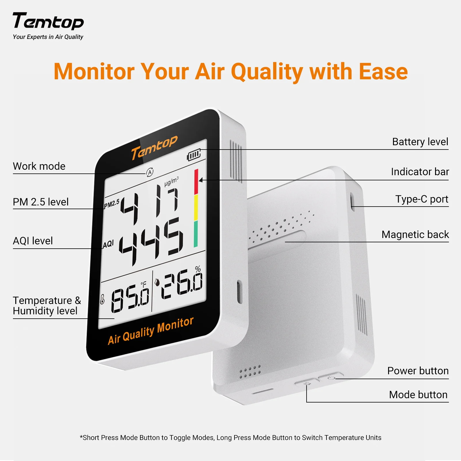 Temtop S1-up Indoor Air Quality Meter Temperature and Humidity AQI PM2.5 Monitor with Accurate Sensor - Image 8