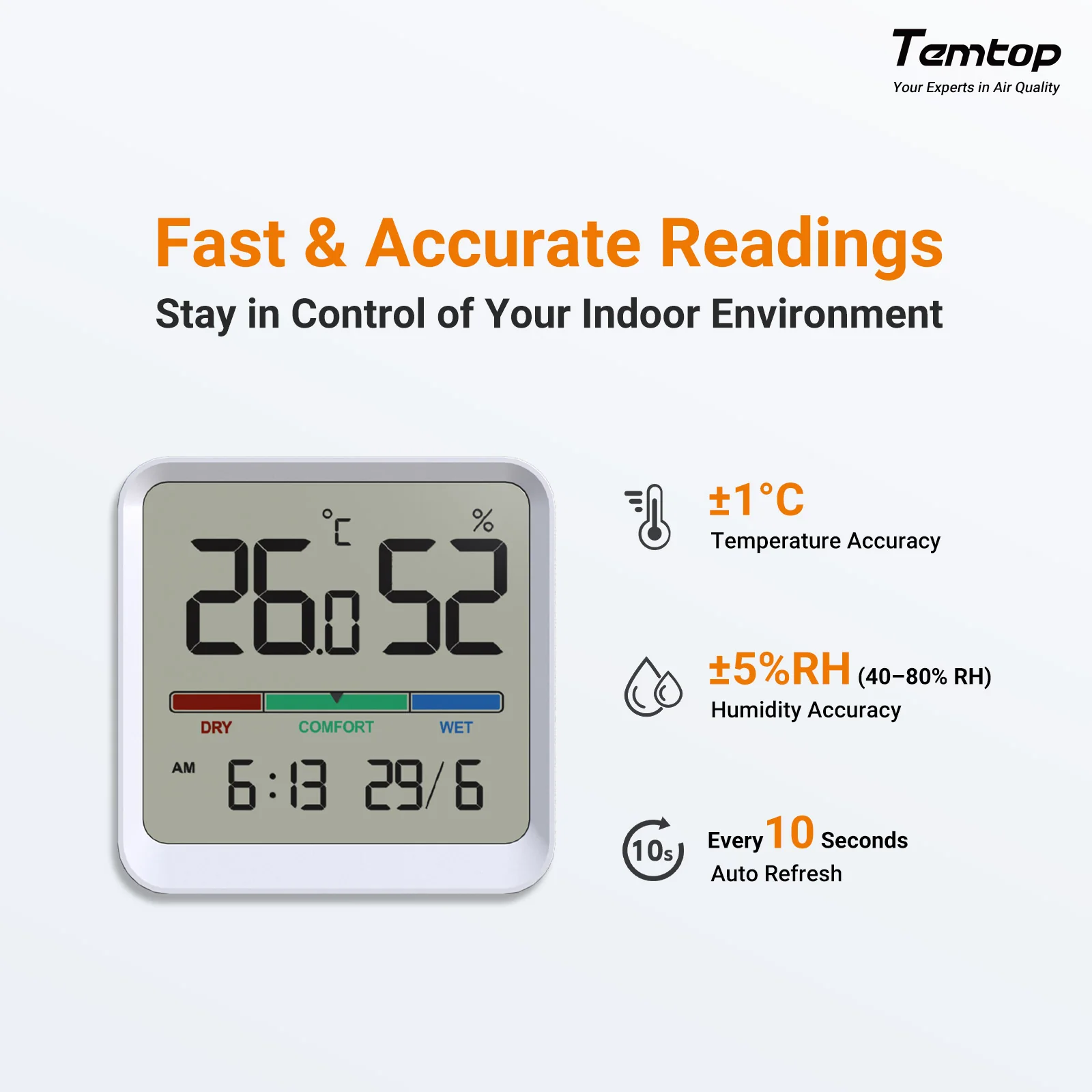 Temtop T1-SE Indoor Thermometer Hygrometer – Digital Room Temperature and Humidity Monitor with Comfort Indicator, ℃/℉ Switch, for Home, Office, Nursery - Image 3