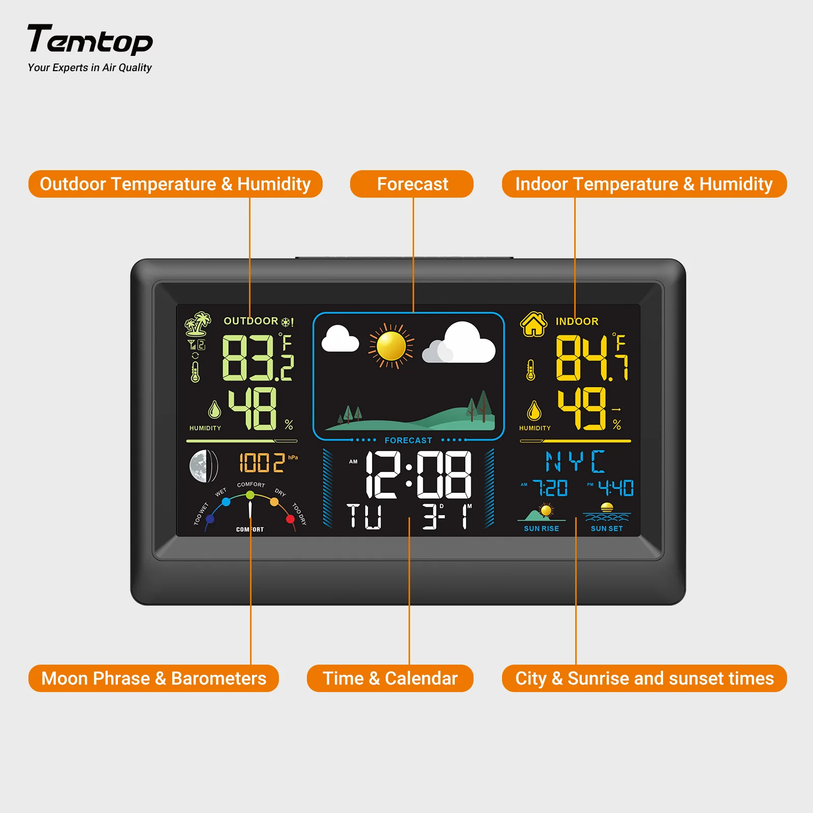 Temtop W100 Weather Station Multifunctional Weather Station with Indoor/Outdoor Temperature, Humidity, Atmospheric Pressure, Weather Forecast, Moon Phase, and Alarm Features - Image 3