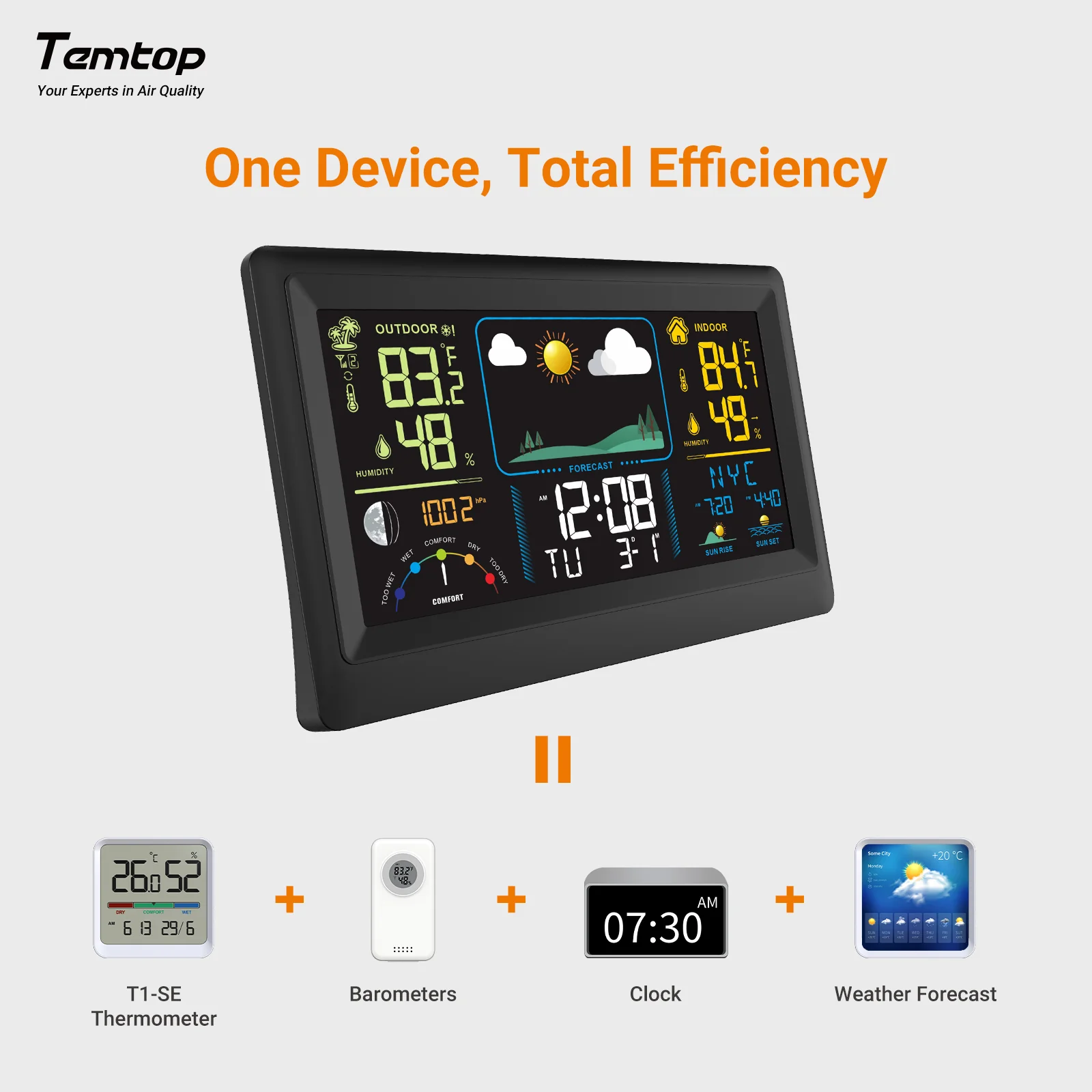 Temtop W100 Weather Station Multifunctional Weather Station with Indoor/Outdoor Temperature, Humidity, Atmospheric Pressure, Weather Forecast, Moon Phase, and Alarm Features - Image 4