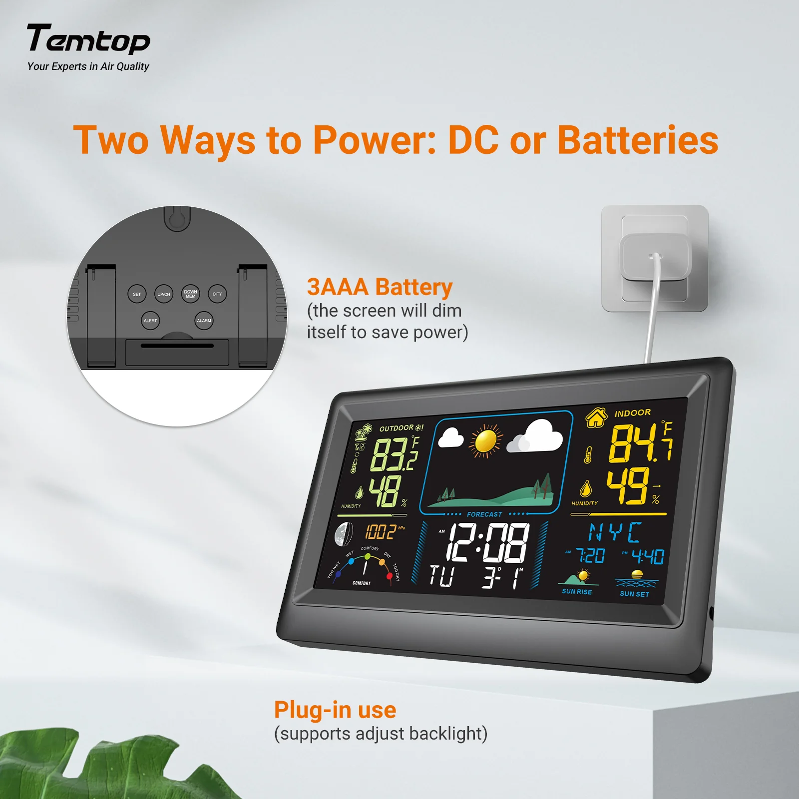 Temtop W100 Weather Station Multifunctional Weather Station with Indoor/Outdoor Temperature, Humidity, Atmospheric Pressure, Weather Forecast, Moon Phase, and Alarm Features - Image 5