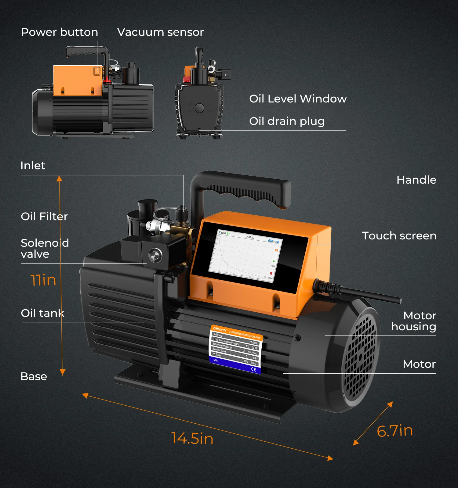 Elitech V1200 220V Intelligent 2-Stage Vacuum Pump 12CFM, 5L/S, APP Control, Data Logging, Smart Control, HVAC Refrigerator Heat Pump Service Tool (oil is not included) - Image 4