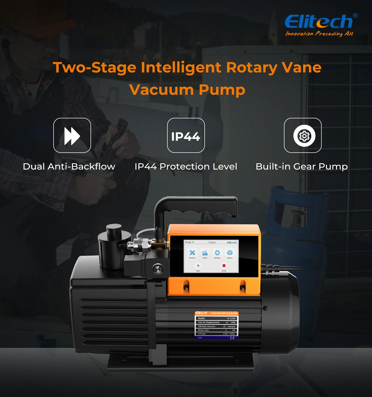 Elitech V1200 220V Intelligent 2-Stage Vacuum Pump 12CFM, 5L/S, APP Control, Data Logging, Smart Control, HVAC Refrigerator Heat Pump Service Tool (oil is not included) - Image 6