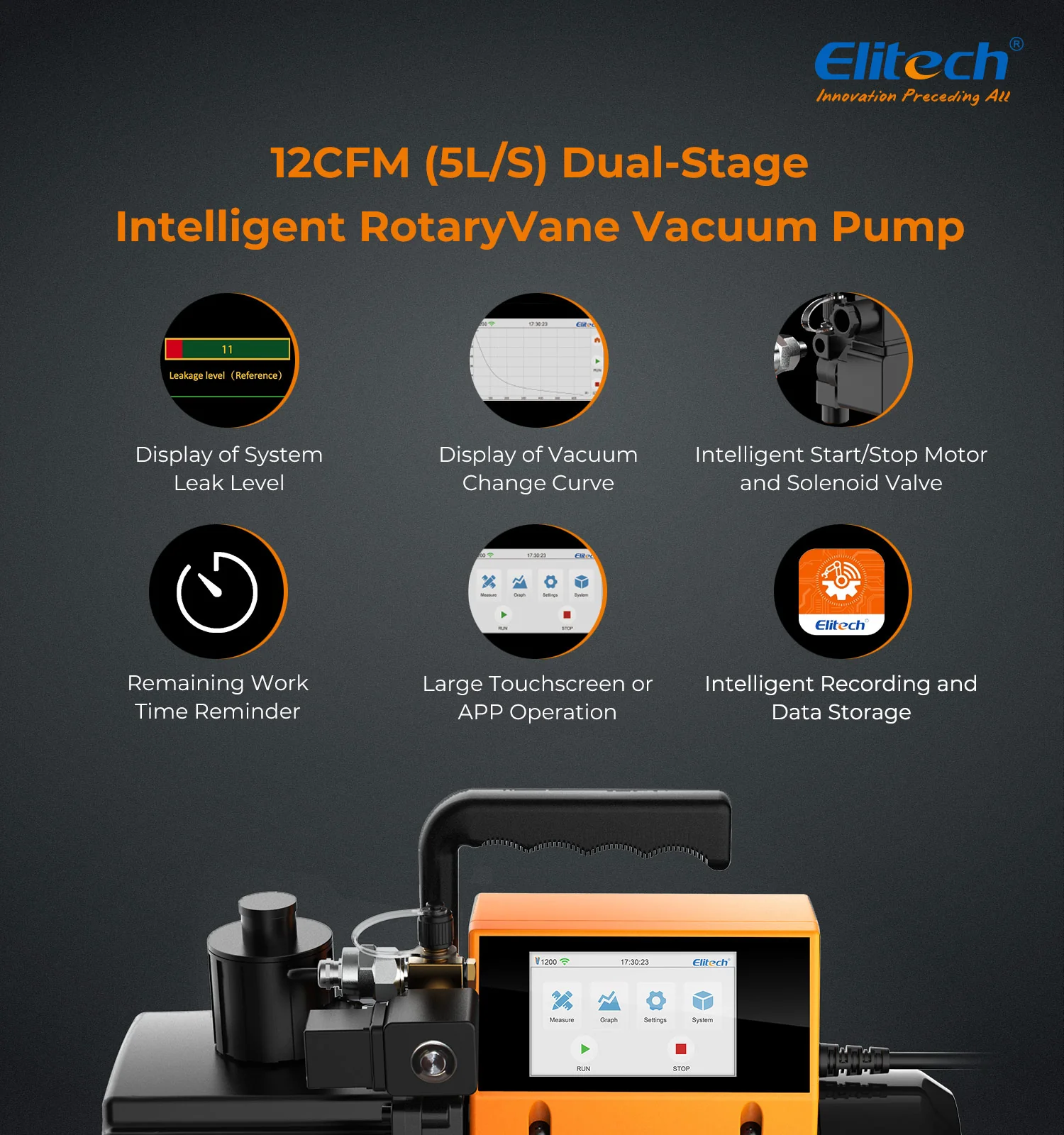 Elitech V1200 220V Intelligent 2-Stage Vacuum Pump 12CFM, 5L/S, APP Control, Data Logging, Smart Control, HVAC Refrigerator Heat Pump Service Tool (oil is not included) - Image 7